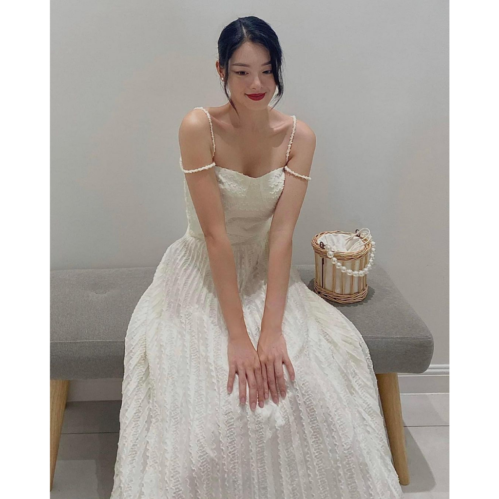 Đầm 2 dây hoa xanh nhíu ngực thắt nơ vai - Váy nữ đi chơi