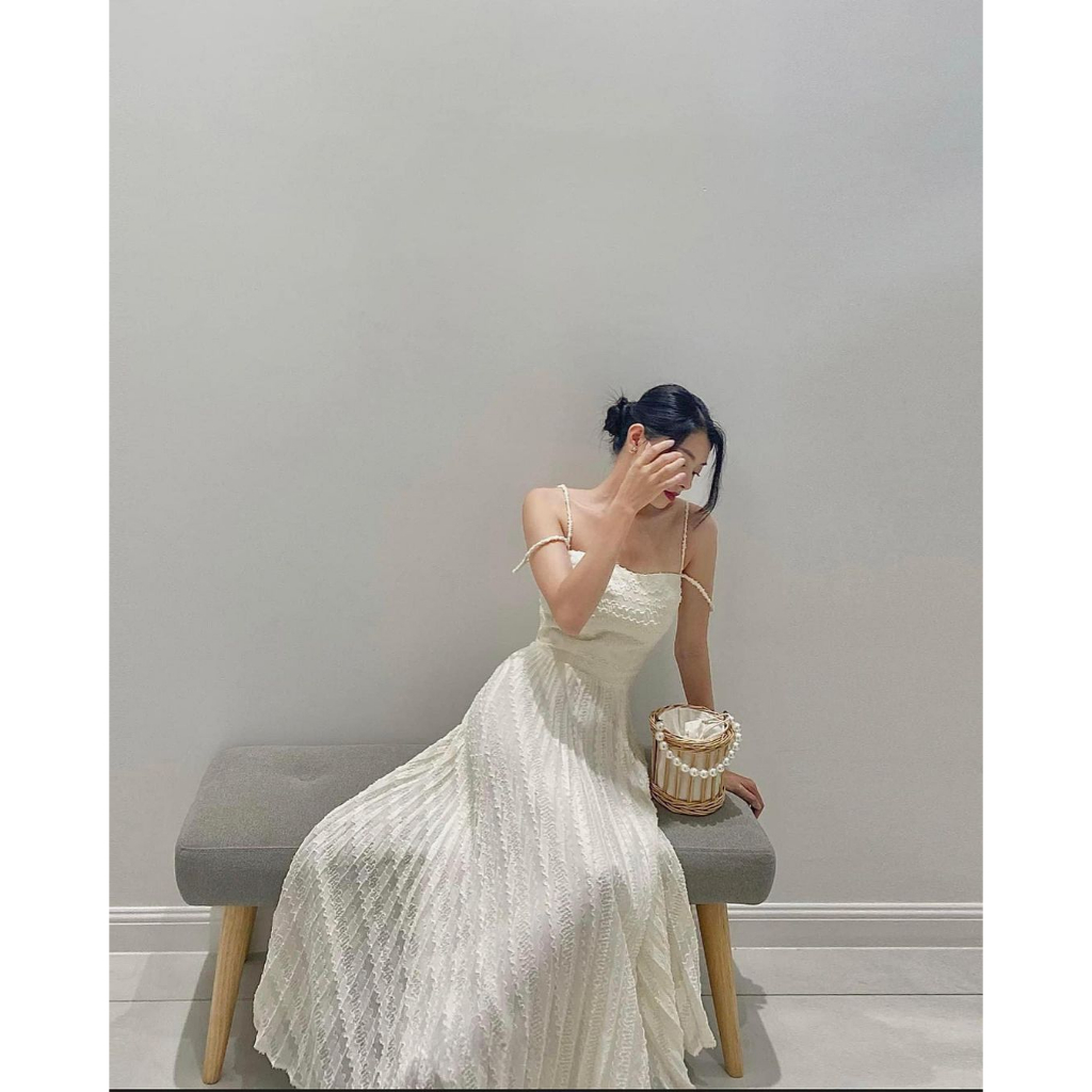 Đầm 2 dây hoa xanh nhíu ngực thắt nơ vai - Váy nữ đi chơi