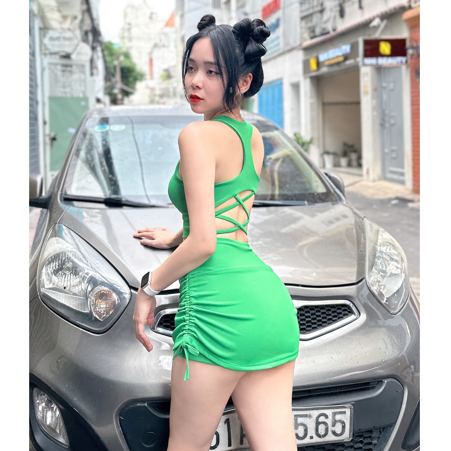 Bộ váy bra ĐAN DÂY sau chất thun poly co giãn đa chiều thích hợp tập erobic, đi bơi ...