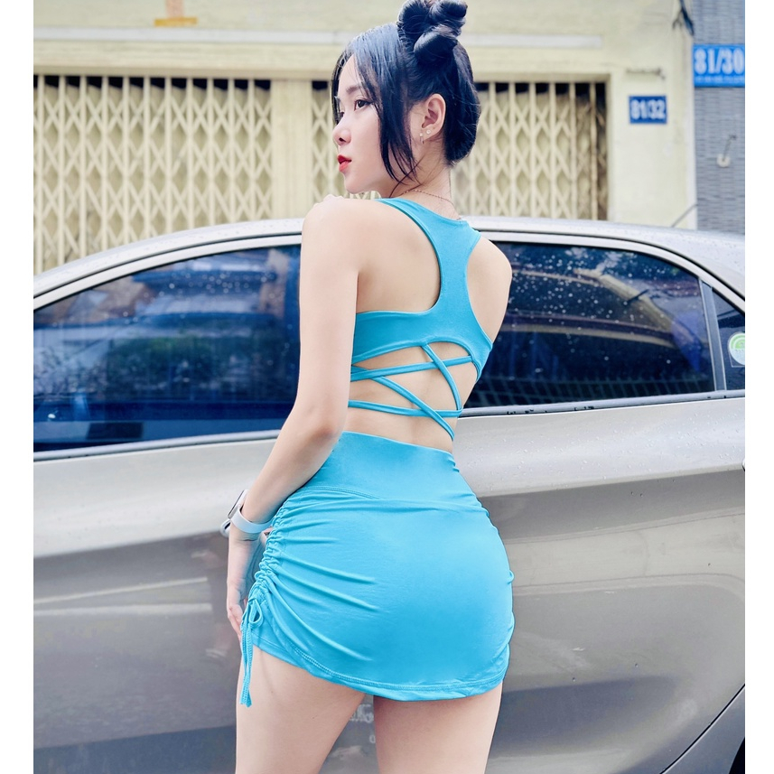 Bộ váy bra ĐAN DÂY sau chất thun poly co giãn đa chiều thích hợp tập erobic, đi bơi ...