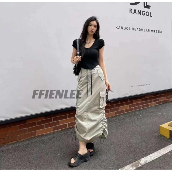 Chân váy rút sườn túi hộp mã mới hot hit siêu xinh , Chân váy dáng dài phối túi hộp dây rút siêu hot