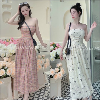 Đầm maxi cúp ngực thời trang nữ mặc đi chơi chất vải CARO COTTON THỔ CẨM có mút ngực có lót 2lớp bo chun thân sau,