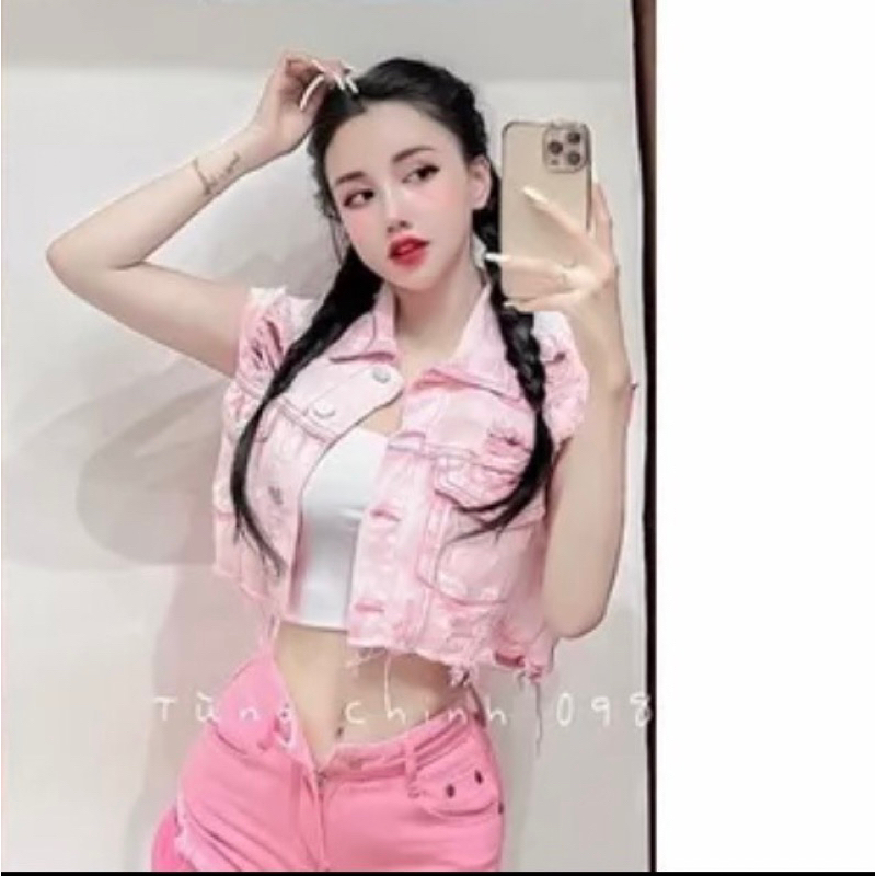SP019882 ÁO CROP JEAN TƯA CỔ SƠ MI TÚI NẮP
