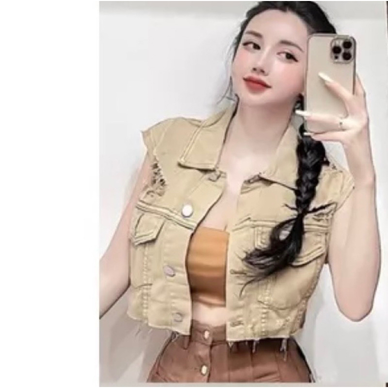 SP019882 ÁO CROP JEAN TƯA CỔ SƠ MI TÚI NẮP