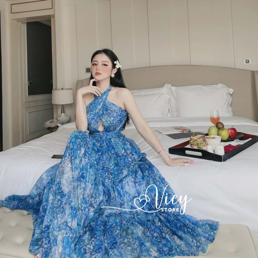 Váy đi biển cổ yếm hở lưng dáng xòe, đầm maxi thiết kế sexy gợi cảm đi biển đi chơi VICY MXYEM02