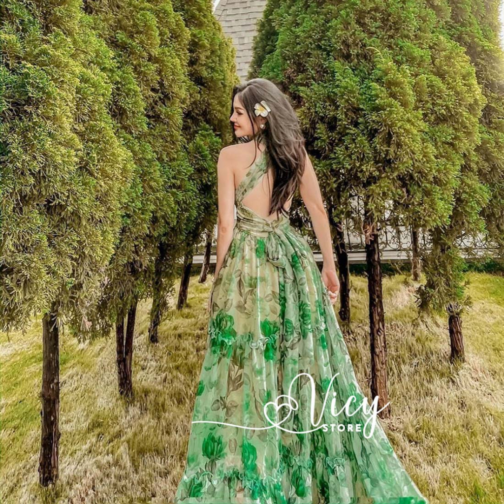 Váy đi biển cổ yếm hở lưng dáng xòe, đầm maxi thiết kế sexy gợi cảm đi biển đi chơi VICY MXYEM02