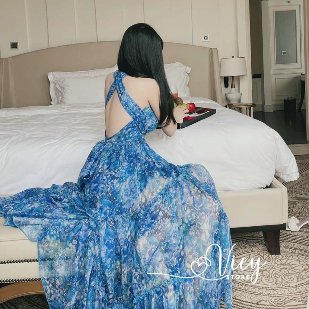Váy đi biển cổ yếm hở lưng dáng xòe, đầm maxi thiết kế sexy gợi cảm đi biển đi chơi VICY MXYEM02