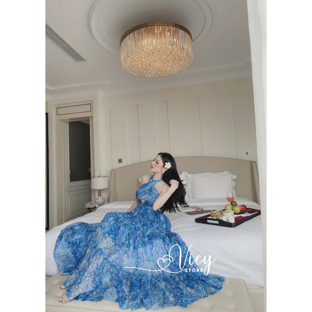 Váy đi biển cổ yếm hở lưng dáng xòe, đầm maxi thiết kế sexy gợi cảm đi biển đi chơi VICY MXYEM02