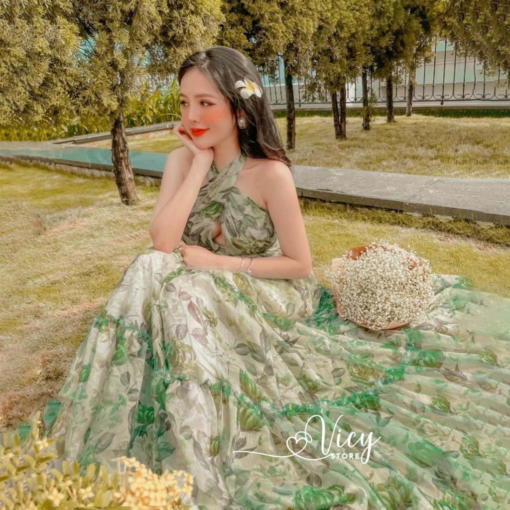 Váy đi biển cổ yếm hở lưng dáng xòe, đầm maxi thiết kế sexy gợi cảm đi biển đi chơi VICY MXYEM02