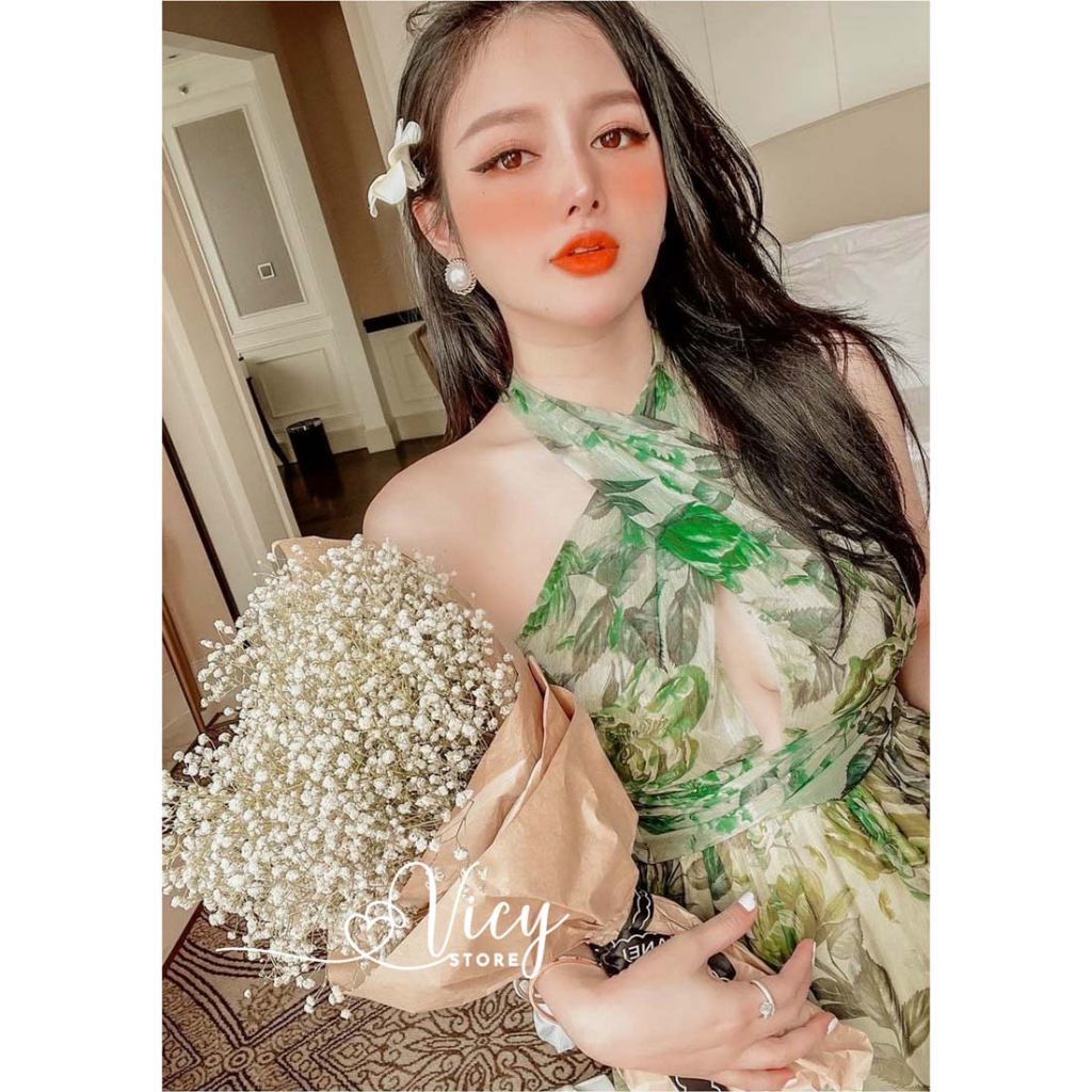 Váy đi biển cổ yếm hở lưng dáng xòe, đầm maxi thiết kế sexy gợi cảm đi biển đi chơi VICY MXYEM02