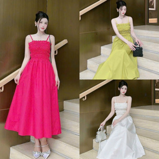 Đầm váy nữ 2 dây nhún ngực dáng dài xinh xắn dành cho các nàng diện đi tiệc, đi chơi, thời trang nữ MOON