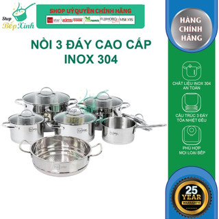 Bộ nồi inox bếp điện từ cao cấp Fivestar Plus 6 món 3 đáy từ nắp kính , dùng tốt bếp từ , hồng ngoại , gas