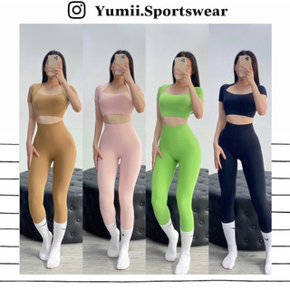 Bộ quần áo thể thao tập gym yoga nữ - set đồ tập thể thao dài áo croptop cổ vuông, chất thun dệt mềm, co giãn