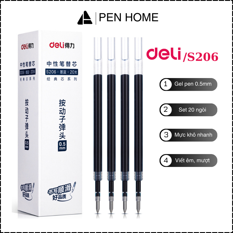 Set 10 20 ruột Deli S206 đầu đạn ngòi 0,5mm (Hàng Chính Hãng)