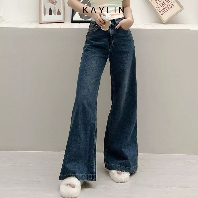 Quần jean suông nữ ống loe rộng xòe lưng cao túi họa tiết KAYLIN