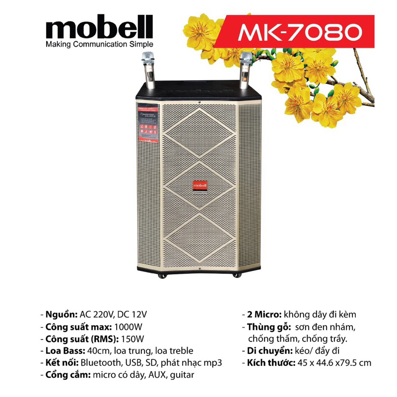 Loa karaoke di động chính hãng Mobell MK-7080 ( Loa 3 đường tiếng, 1 bass 40cm, 1 trung, 1 treble, 1000W, 2 Micro UHF)