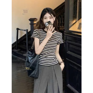 [Mã TOPS06 giảm đến 10k đơn 99k] Áo thun baby tee nữ kẻ sọc xám tiêu 2 màu đen hồng vải cotton 100% co dãn 4 chiều MA059