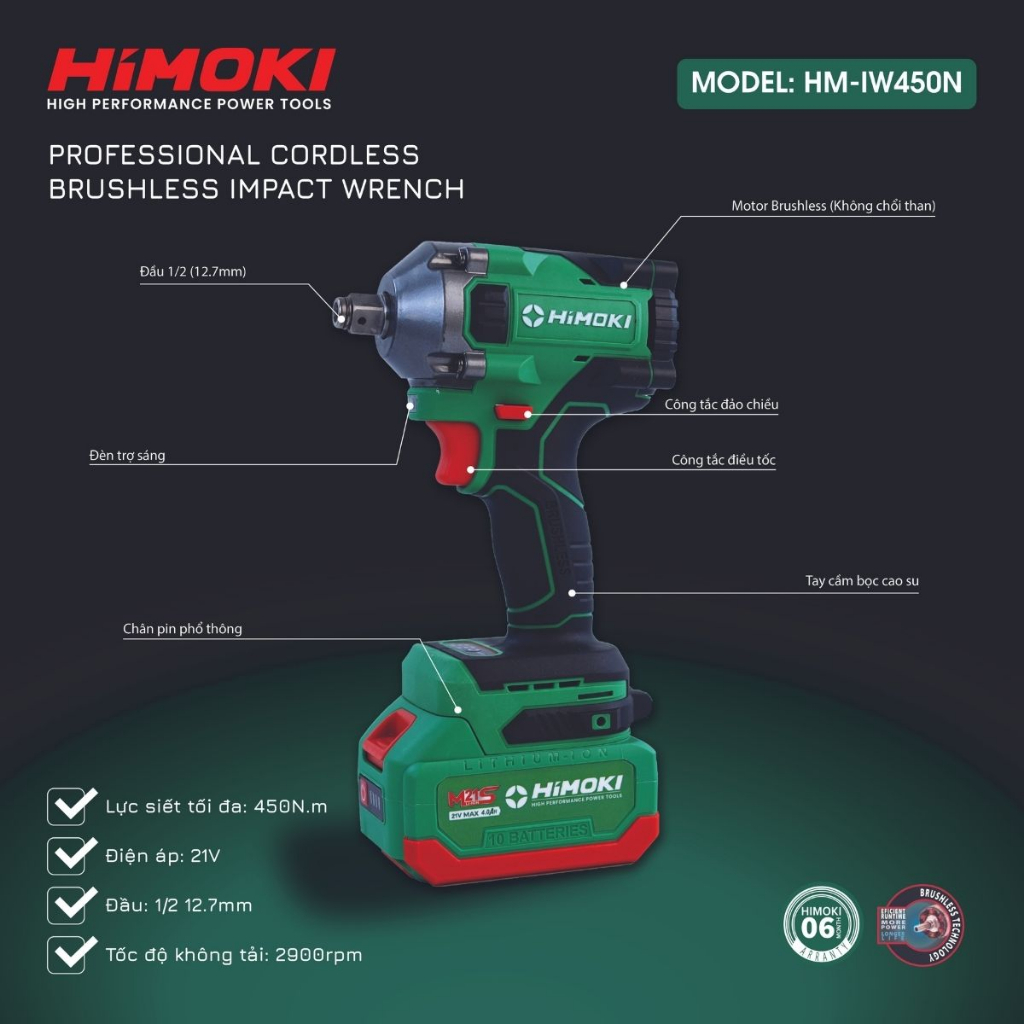 Máy siết bulong Himoki HM-IW450N đầu 2 trong 1 - Siết bulong Lực siết 450Nm bảo hành chính hãng