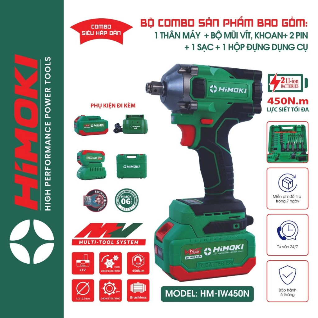 Máy siết bulong Himoki HM-IW450N đầu 2 trong 1 - Siết bulong Lực siết 450Nm bảo hành chính hãng