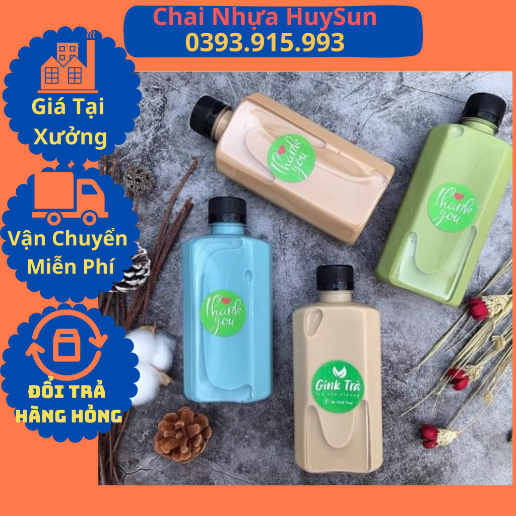 ( Giá Sỉ) Chai Nhựa Vuông Dẹp 330ml, dày dặn Kèm Nắp Chai Nhựa Trà sữa - Nhựa HuySun. Có Test Kiểm Định