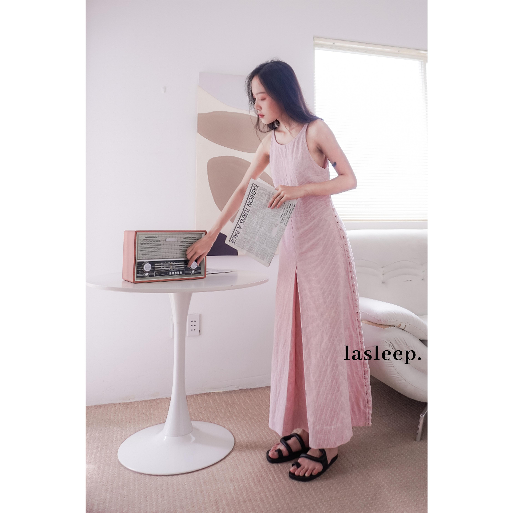 Đầm Linen Nút Kẻ Hồng form Chữ A Phong cách Hàn Quốc - Lasleep