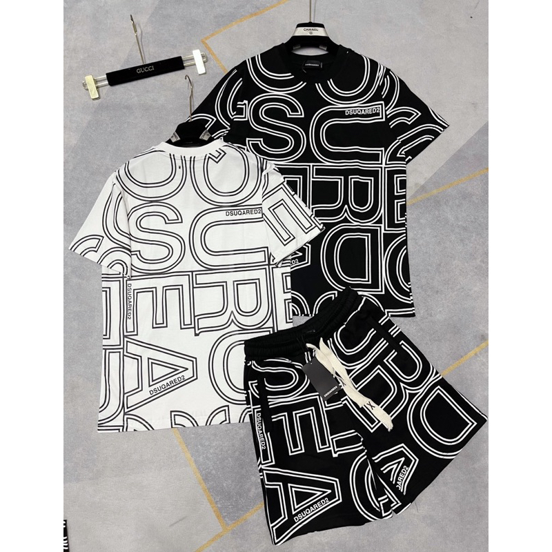 Bộ đồ nam cộc tay mặc hè Dsq2 in hoạ tiết chữ monogram viền đen trắng cổ tròn quần cạp chun dây rút BH59P