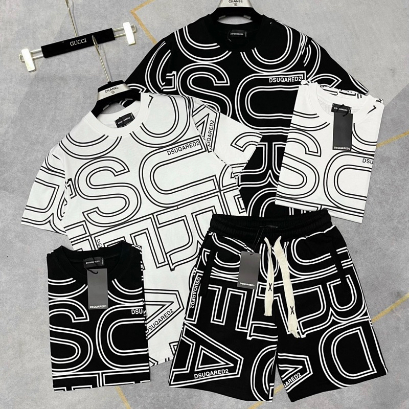 Bộ đồ nam cộc tay mặc hè Dsq2 in hoạ tiết chữ monogram viền đen trắng cổ tròn quần cạp chun dây rút BH59P
