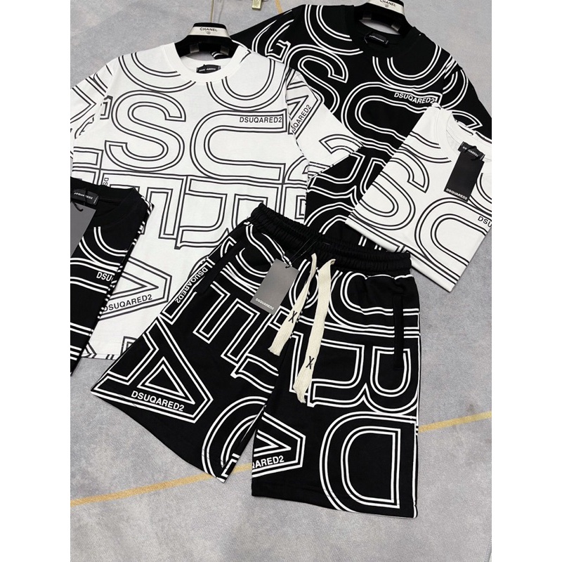 Bộ đồ nam cộc tay mặc hè Dsq2 in hoạ tiết chữ monogram viền đen trắng cổ tròn quần cạp chun dây rút BH59P