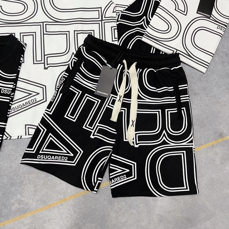 Bộ đồ nam cộc tay mặc hè Dsq2 in hoạ tiết chữ monogram viền đen trắng cổ tròn quần cạp chun dây rút BH59P