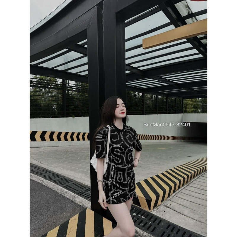 Bộ đồ nam cộc tay mặc hè Dsq2 in hoạ tiết chữ monogram viền đen trắng cổ tròn quần cạp chun dây rút BH59P