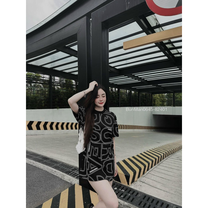 Bộ đồ nam cộc tay mặc hè Dsq2 in hoạ tiết chữ monogram viền đen trắng cổ tròn quần cạp chun dây rút BH59P