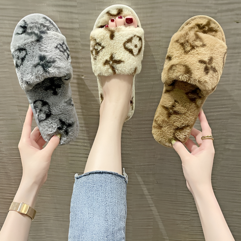 Dép lông đế cao su mang êm chân LV