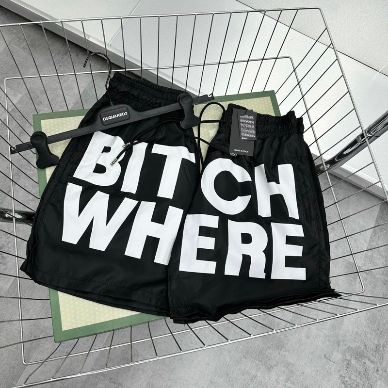 Quần short gió nam Dsq2 đen in chữ Bitch Where trắng cạp chun dây thắt lót lưới thoáng mát QS104P