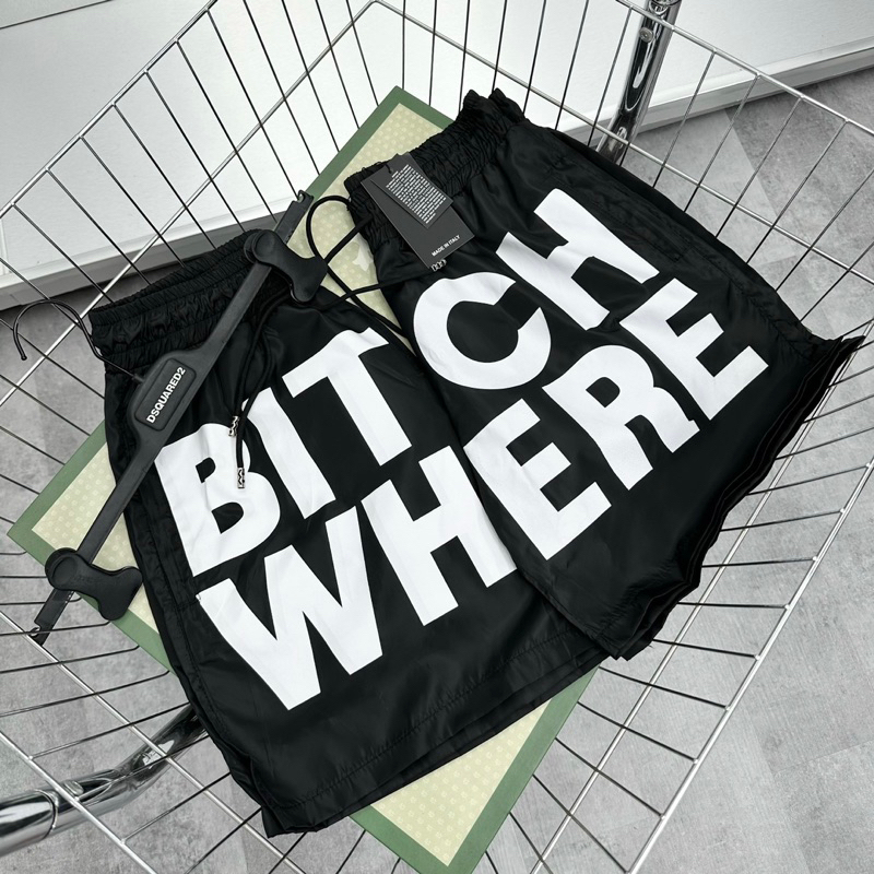 Quần short gió nam Dsq2 đen in chữ Bitch Where trắng cạp chun dây thắt lót lưới thoáng mát QS104P