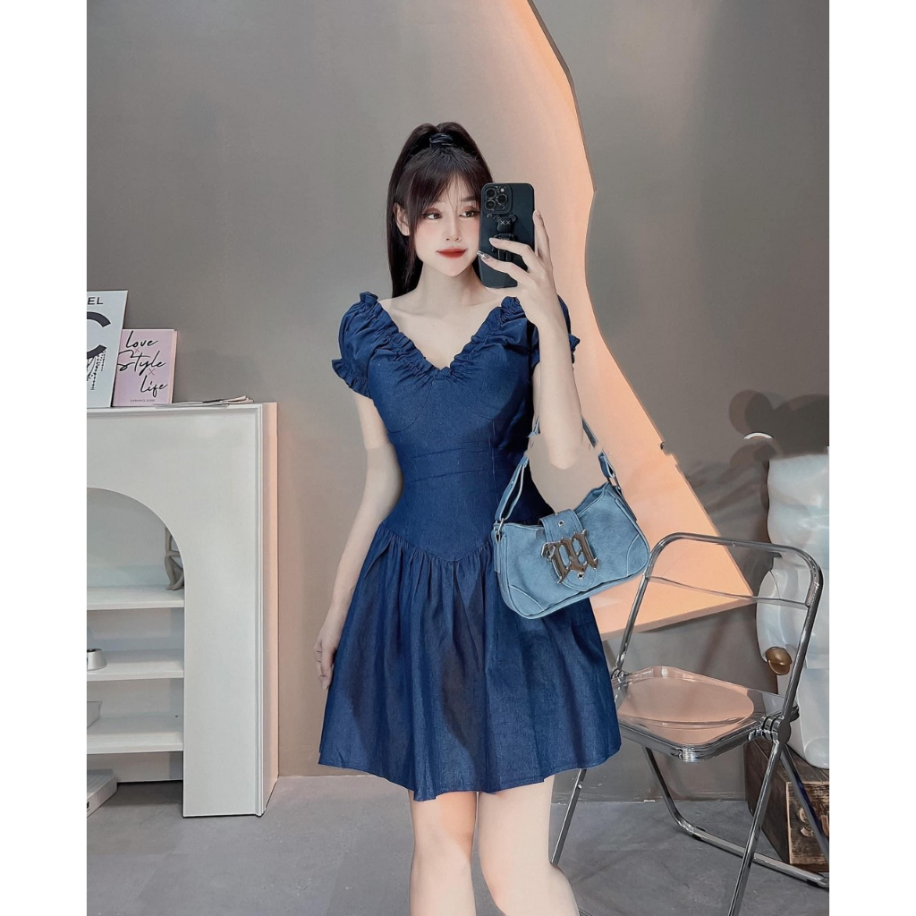 Váy Bò Cổ V, Chất Bò Mềm Sịn Sò, 2 Màu Đậm, Nhạt