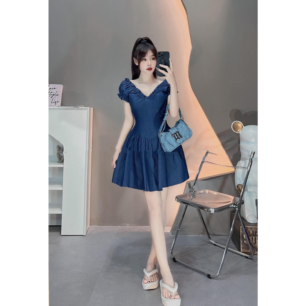 Váy Bò Cổ V, Chất Bò Mềm Sịn Sò, 2 Màu Đậm, Nhạt