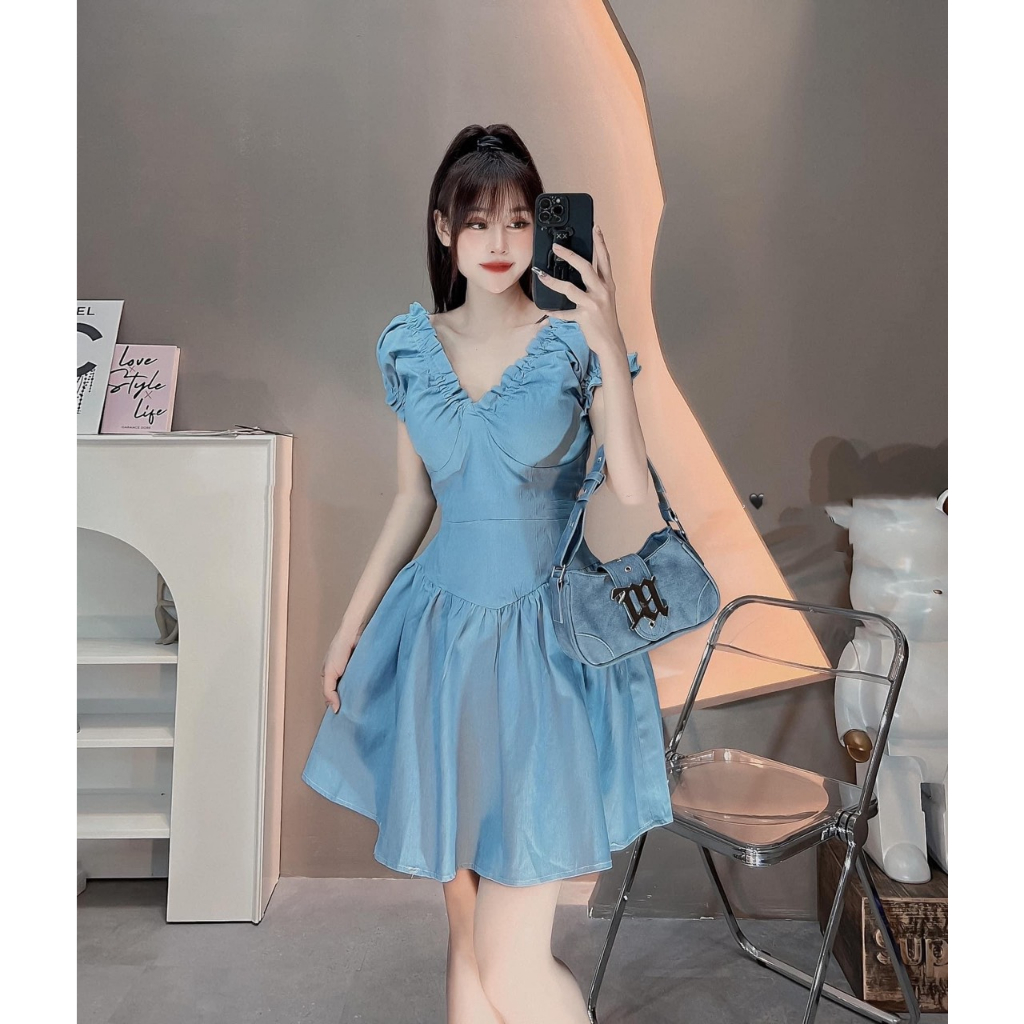 Váy Bò Cổ V, Chất Bò Mềm Sịn Sò, 2 Màu Đậm, Nhạt