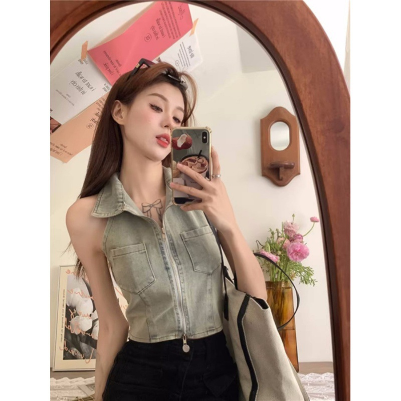 Áo croptop yếm jean nữ không tay dáng ôm y2k, áo yếm bò nữ áo ba lỗ denim hở lưng JC01
