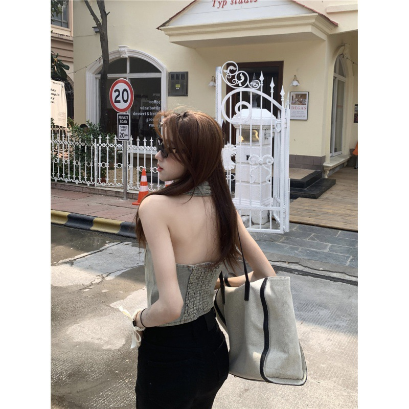 Áo croptop yếm jean nữ không tay dáng ôm y2k, áo yếm bò nữ áo ba lỗ denim hở lưng JC01