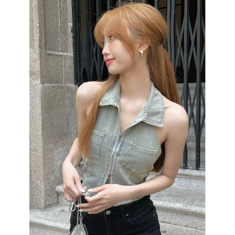 Áo croptop yếm jean nữ không tay dáng ôm y2k, áo yếm bò nữ áo ba lỗ denim hở lưng JC01