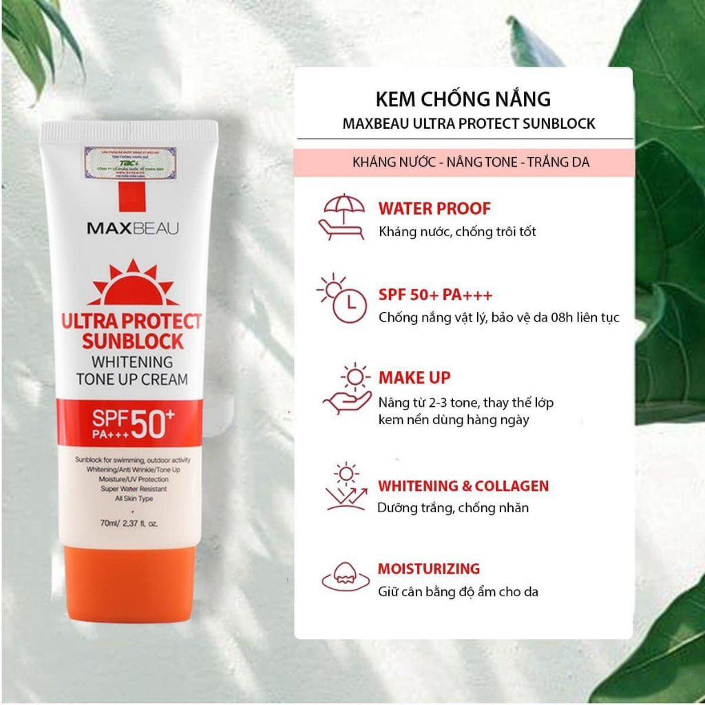 Combo 2 Hộp Kem Chống Nắng Không Trôi Trong Nước, Trắng Da, Lên Tông Hàn Benew Maxbeau Ultra Protect Sunblock 70ml ULTRA