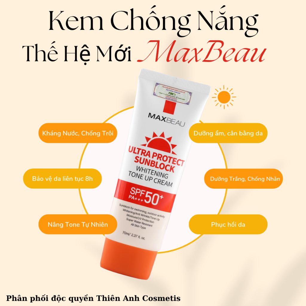 Combo 2 Hộp Kem Chống Nắng Không Trôi Trong Nước, Trắng Da, Lên Tông Hàn Benew Maxbeau Ultra Protect Sunblock 70ml ULTRA