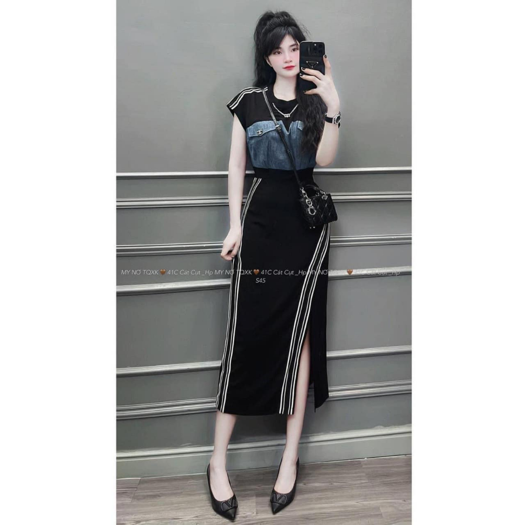 Váy zip pha bò vai viền đính xích kèm váy sọc xẻ sâu
