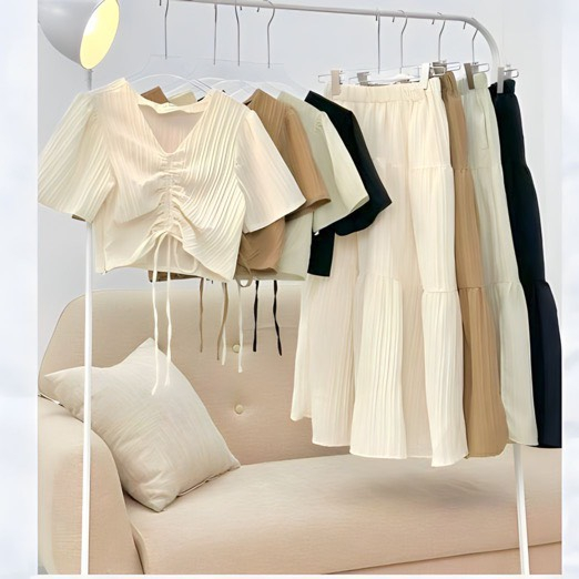 Sét Váy Đũi Gân Gồm Áo Croptop Rút Eo + Chân Váy 3 Tầng