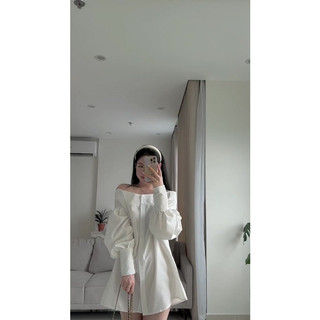Áo sơ mi thô trễ vai tay bồng 2 màu basic