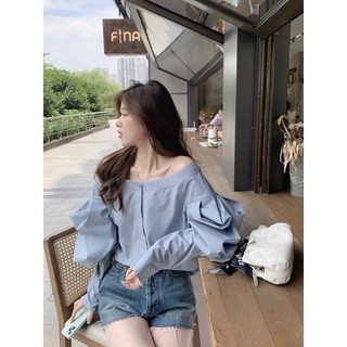 Áo sơ mi thô trễ vai tay bồng 2 màu basic