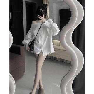 Áo sơ mi thô trễ vai tay bồng 2 màu basic