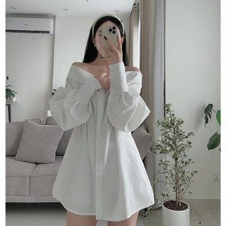 Áo sơ mi thô trễ vai tay bồng 2 màu basic