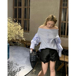 Áo sơ mi thô trễ vai tay bồng 2 màu basic