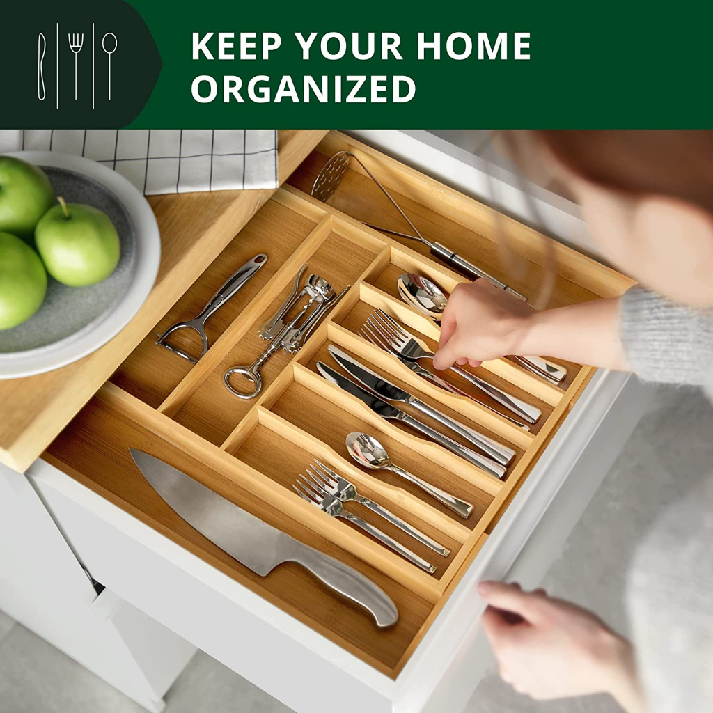 Khay gỗ tre đựng đồ chia ngăn kéo tủ bếp